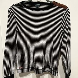 Ralph Lauren 100% cotton striped shirt with suede shoulder and elbow patches.
